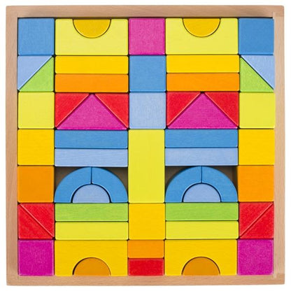 A set of wooden building blocks arranged in a square frame, with blocks in various rainbow colors including blue, orange, yellow, red, purple, and green.