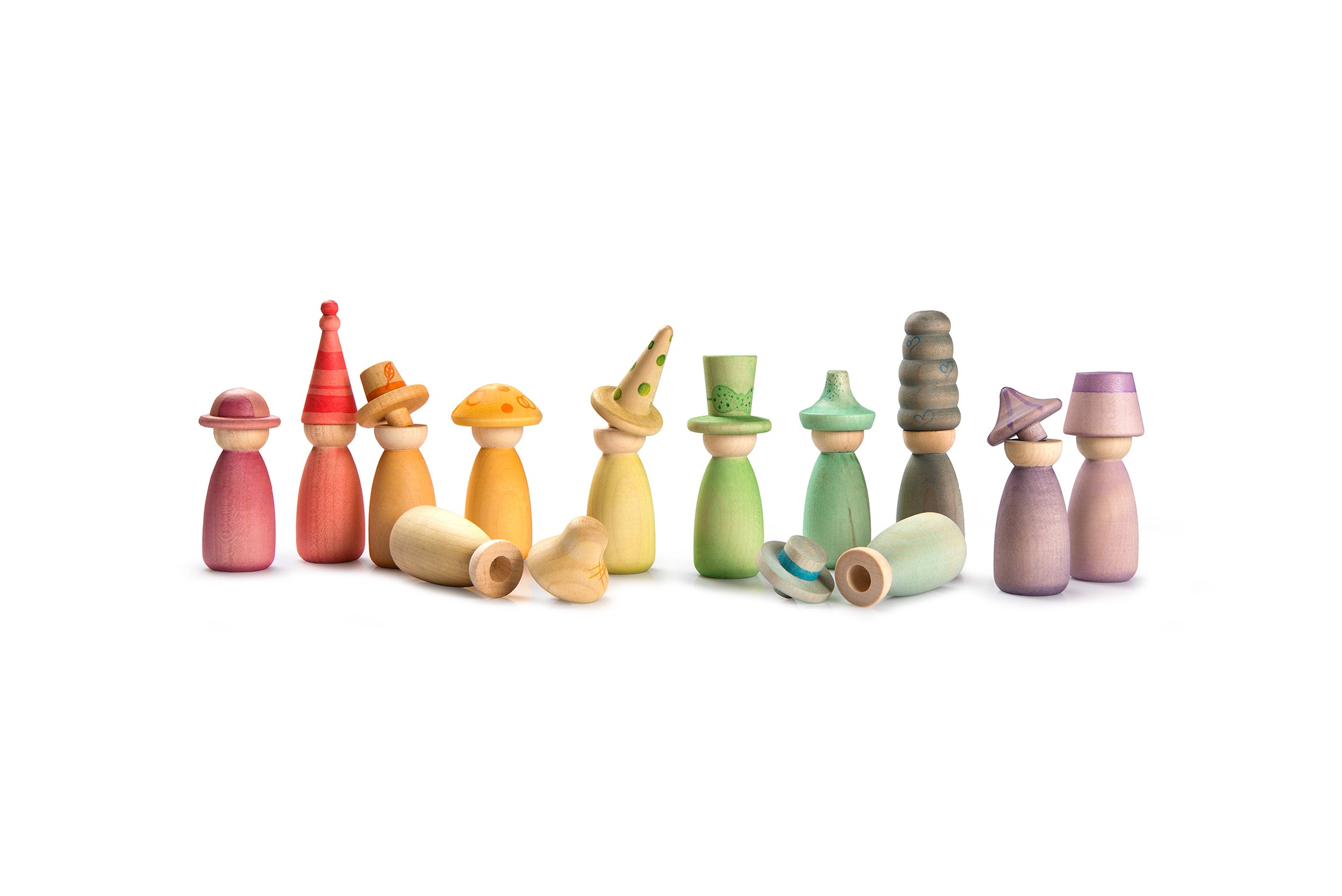 Set of colorful wooden peg dolls on a white background