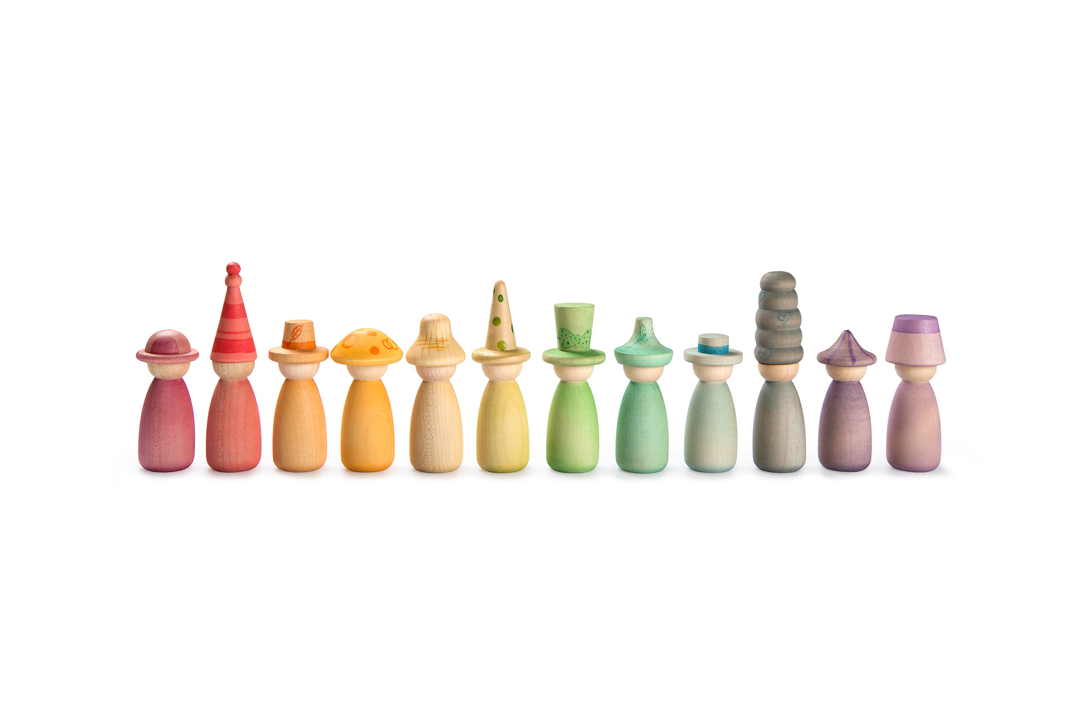 Set of colorful wooden peg dolls on a white background