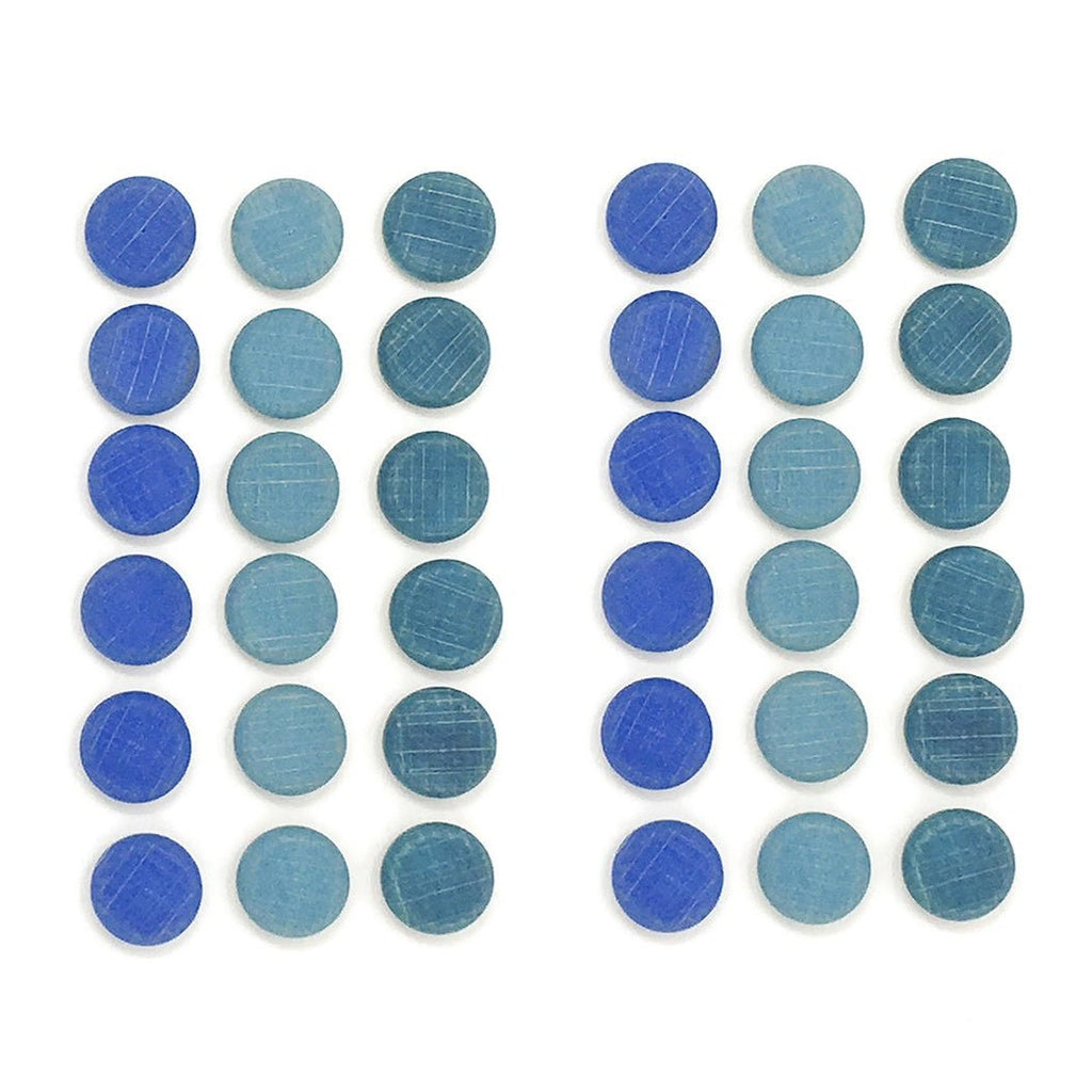 Grid of blue circular objects on a white background
