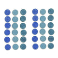 Grid of blue circular objects on a white background