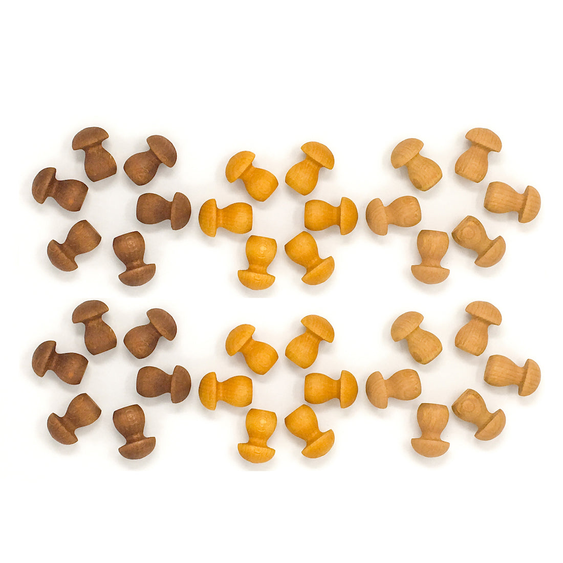 Set of wooden mushroom-shaped objects in brown and orange on a white background