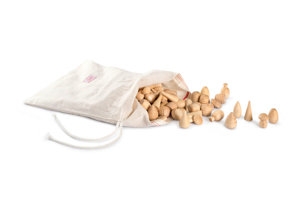 Wooden cones and a drawstring bag on a white background