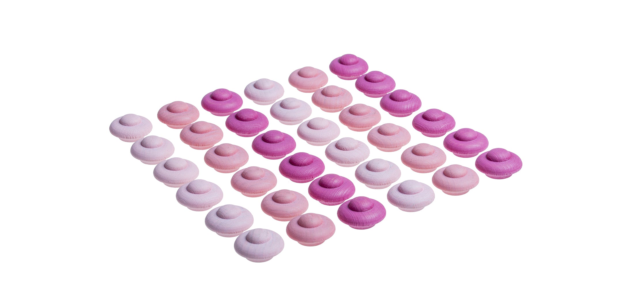 Set of pink wooden tokens arranged in a grid on a white background
