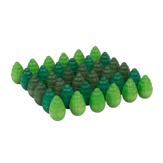 Set of green and brown pine cone-shaped objects on a white background