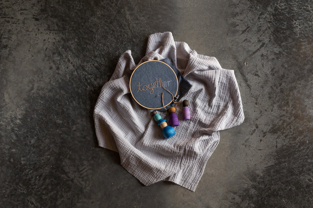 Embroidery hoop with thread and beads on a textured fabric against a dark background