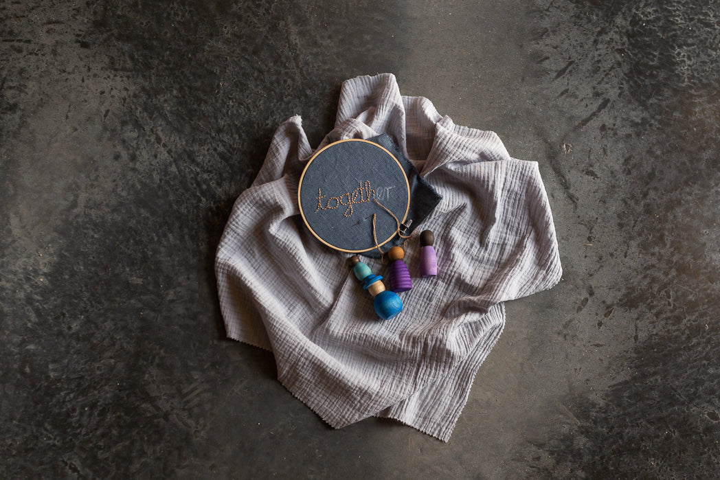 Embroidery hoop with thread and beads on a textured fabric against a dark background