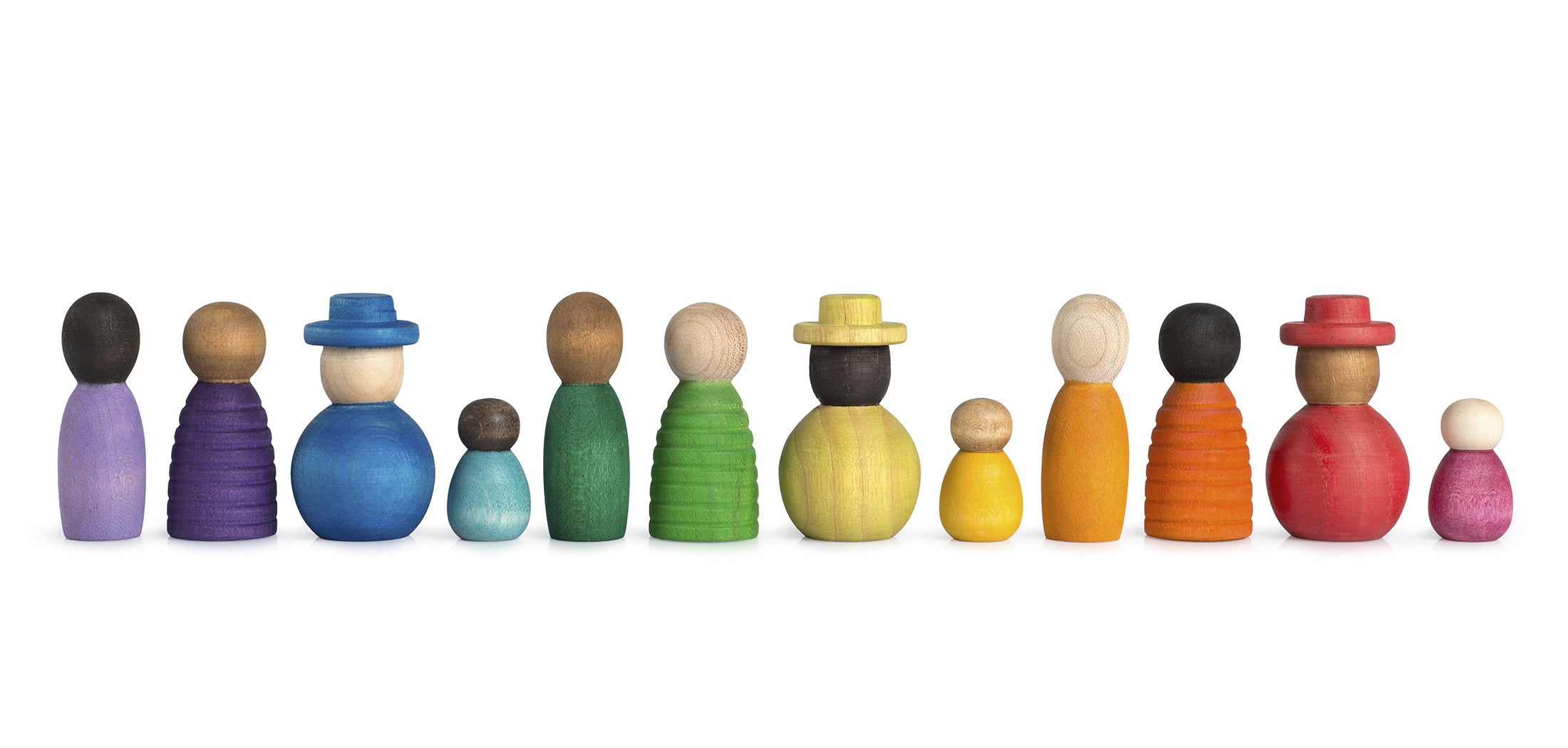 Set of colorful wooden peg dolls with various hats on a white background