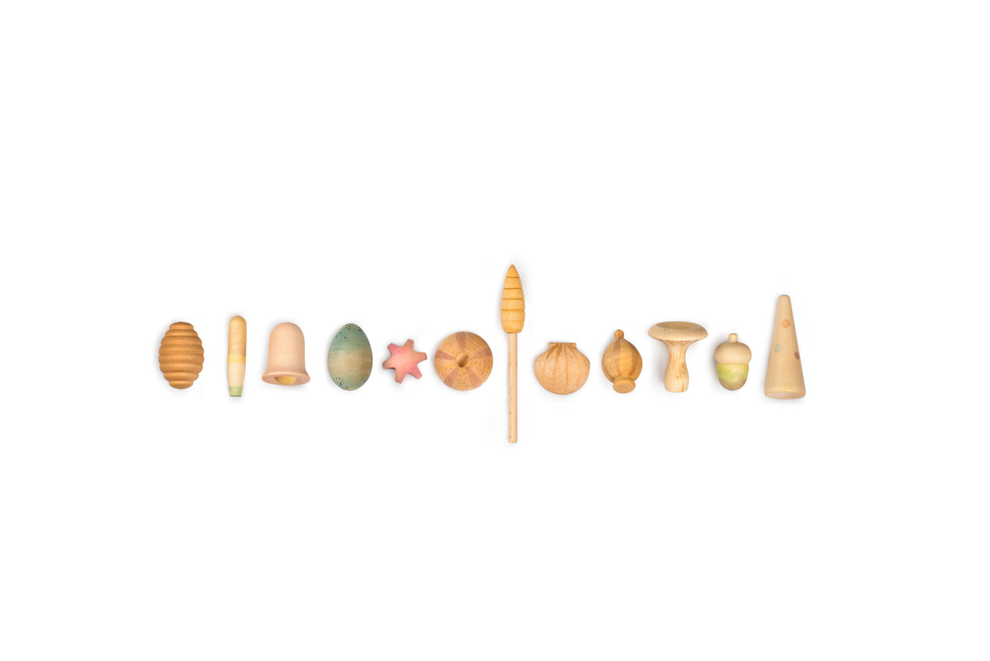 Set of wooden toys on a white background