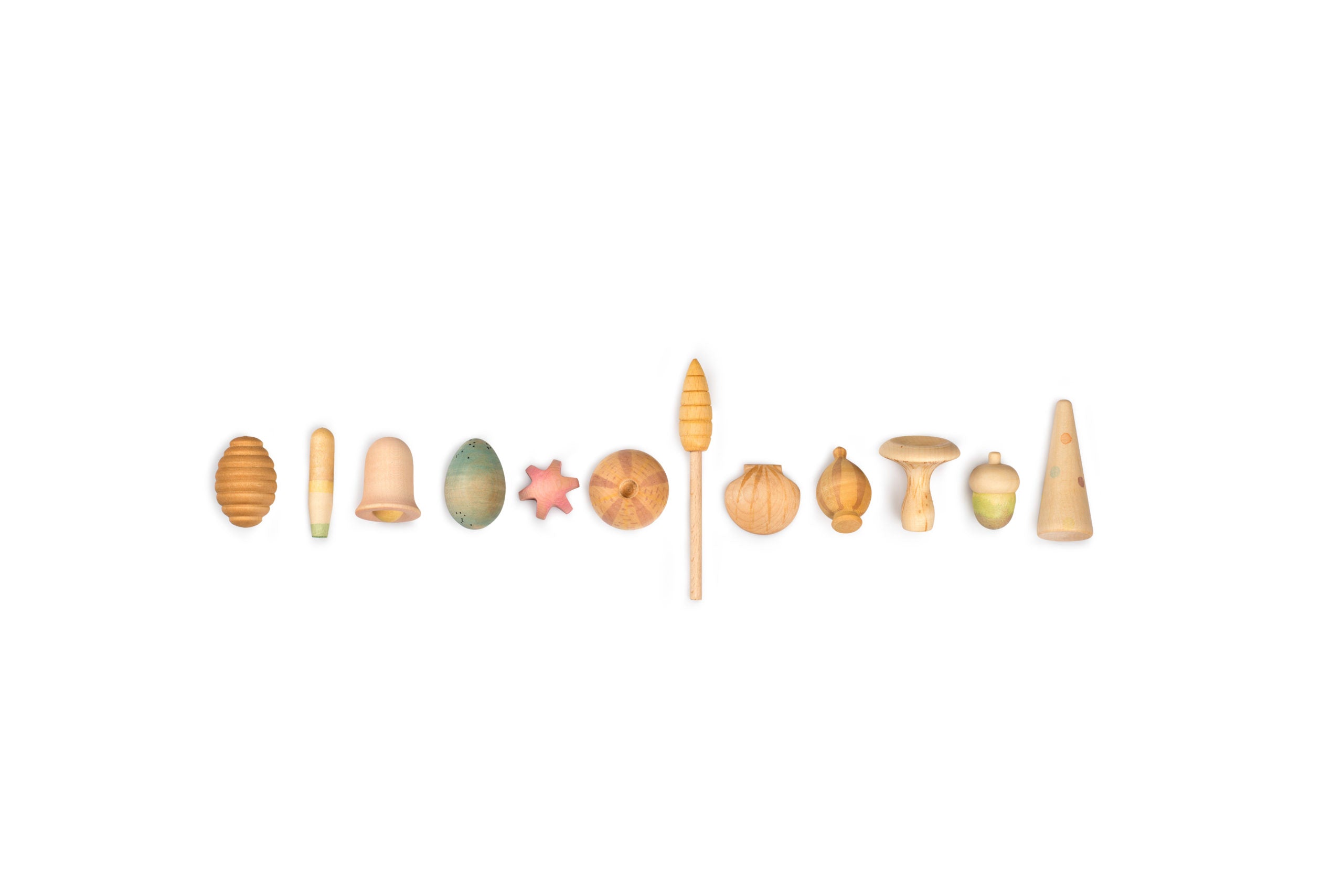 Set of wooden toys on a white background