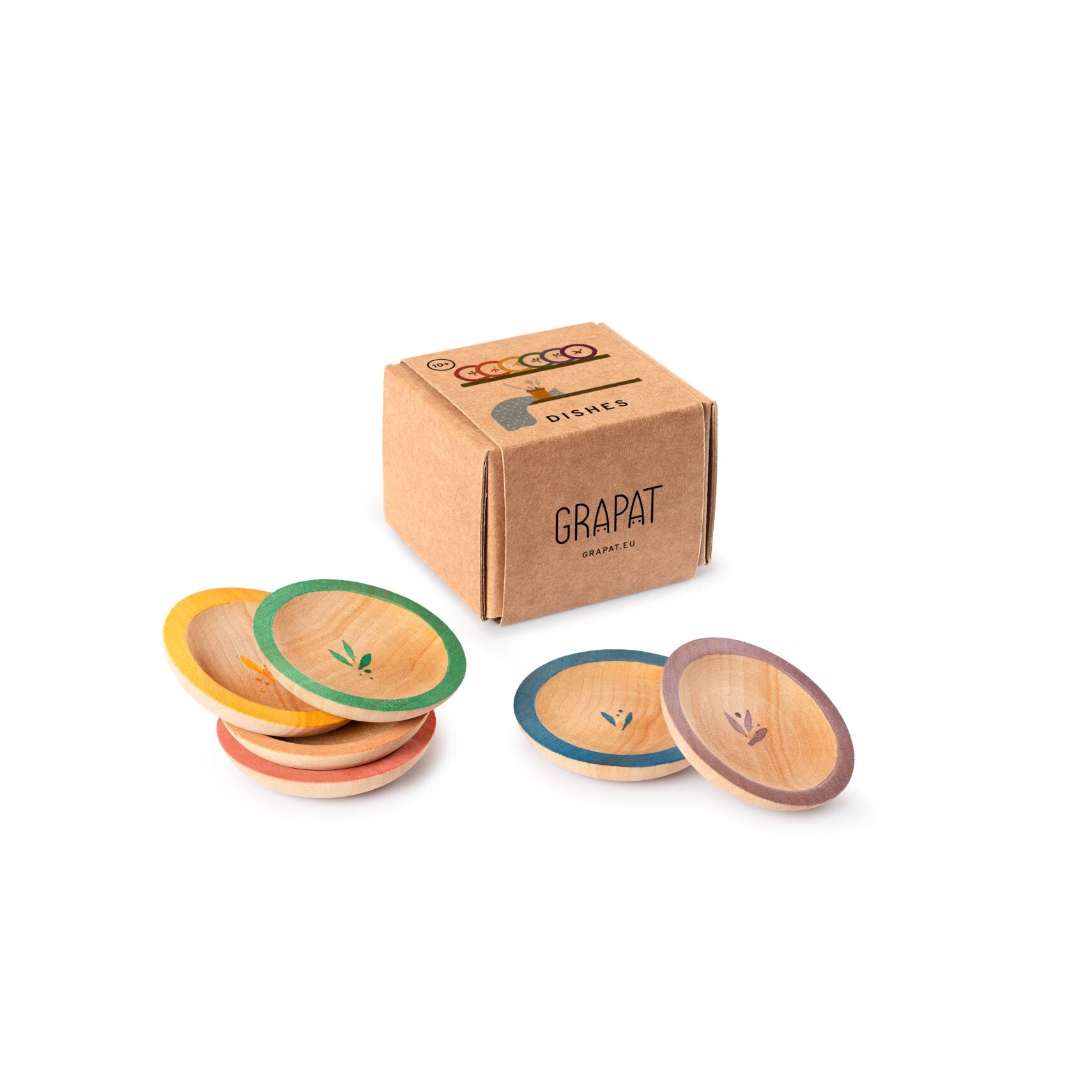 Set of colorful coasters with a wooden box labeled 'GRAPAT' on a white background