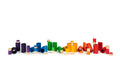 Colorful cylindrical objects arranged in a scattered pattern on a white background