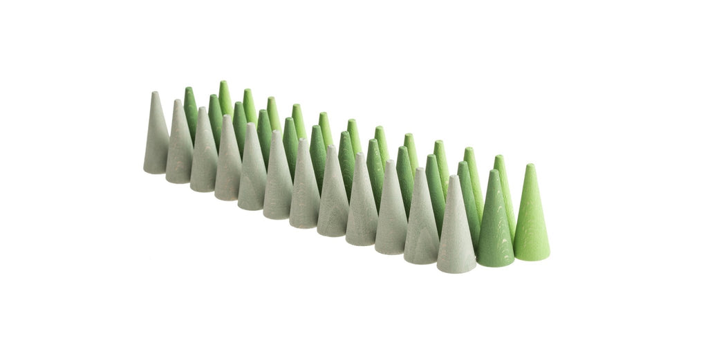Set of green and gray wooden cones