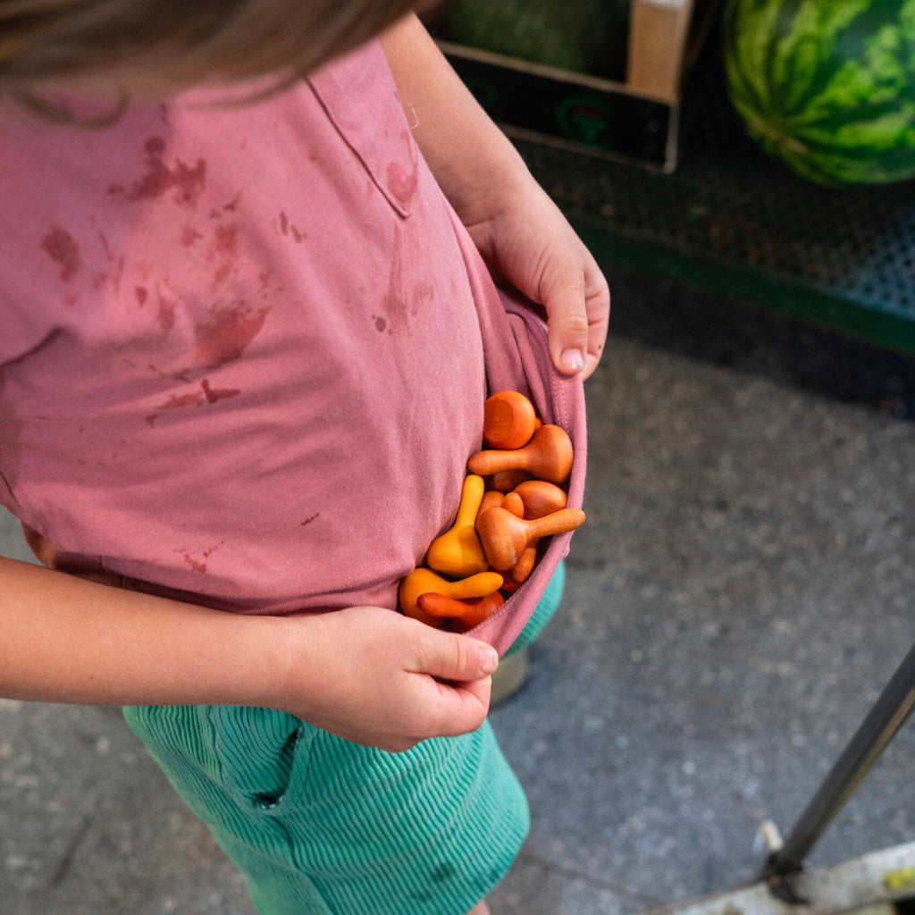 Child holding a small Grapat Pumpkins in the background