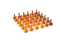 Set of orange and brown wooden pegs arranged in a pattern on a white background