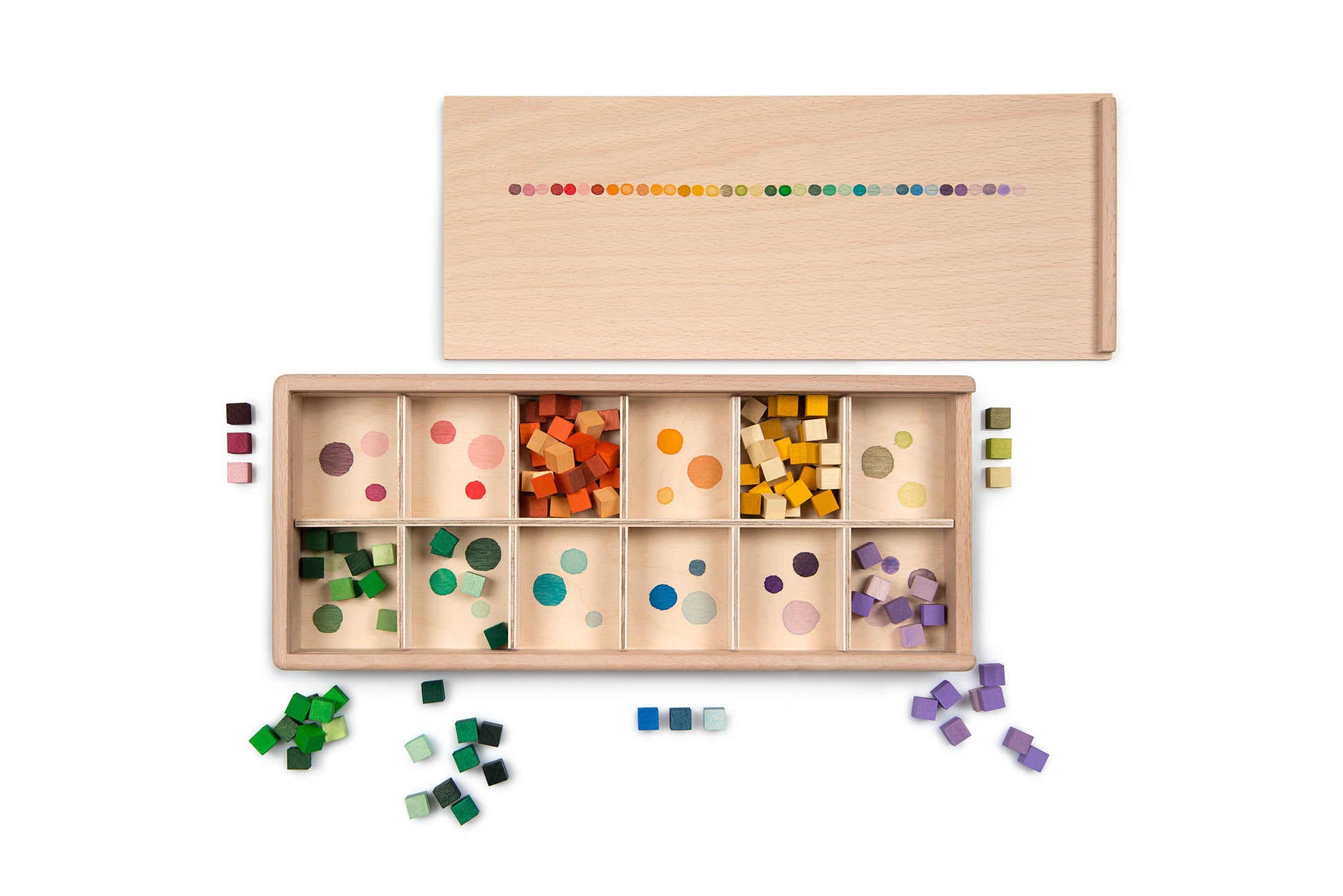 Wooden educational toy with colorful geometric shapes and a color chart on a white background