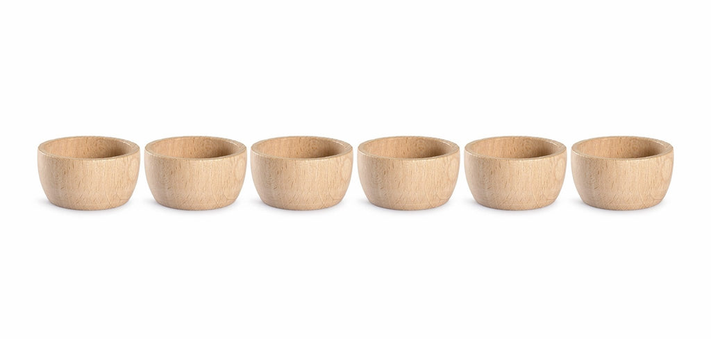 Set of six wooden bowls on a white background