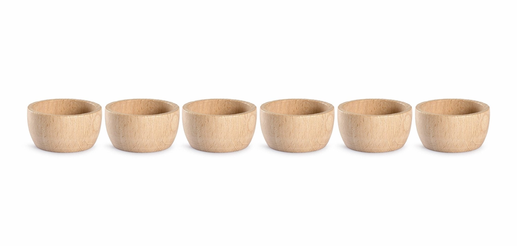 Set of six wooden bowls on a white background