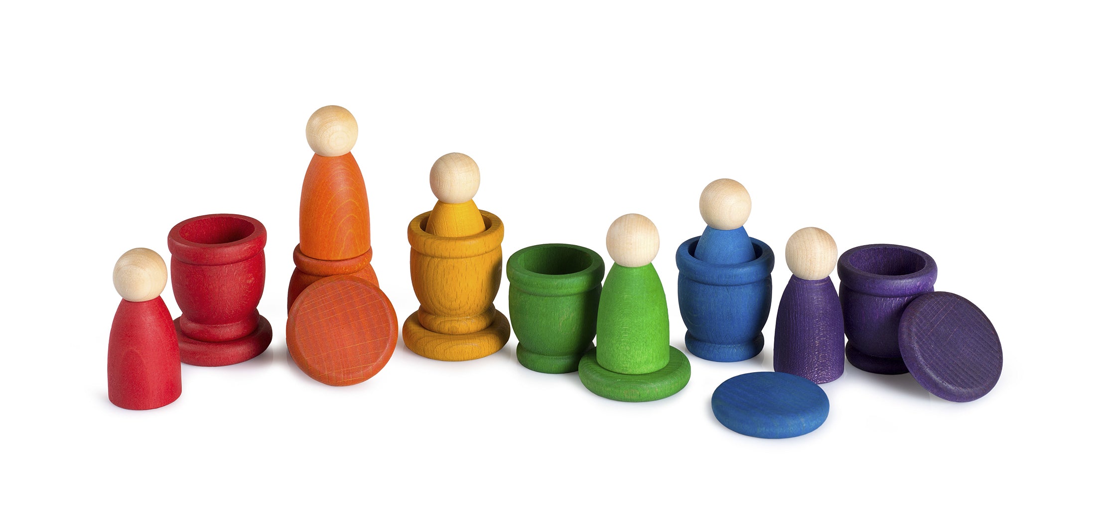 Colorful wooden peg dolls and pots on a white background