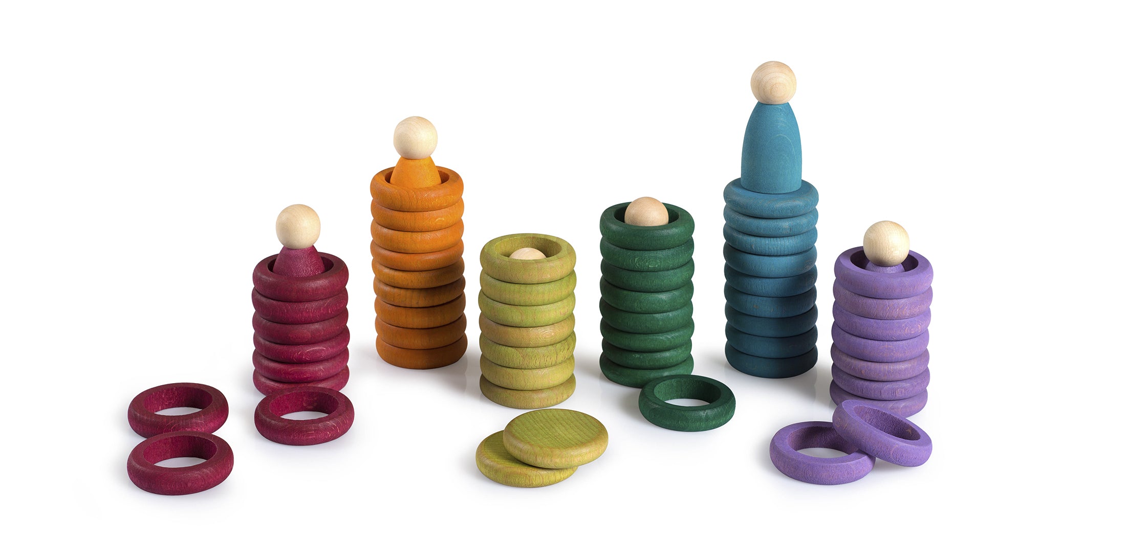 Colorful wooden toys with rings on a white background