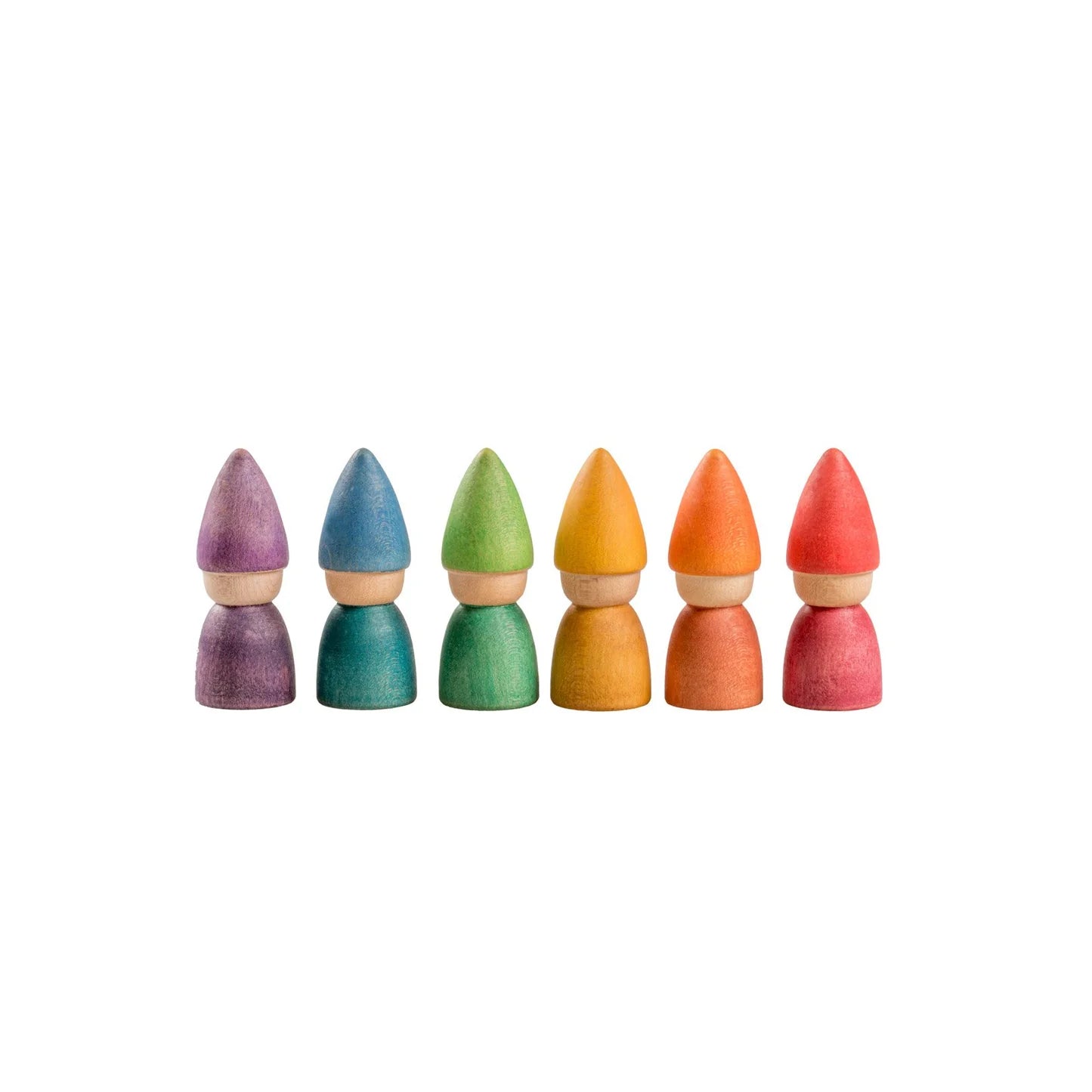 Set of colorful wooden peg dolls on a white background