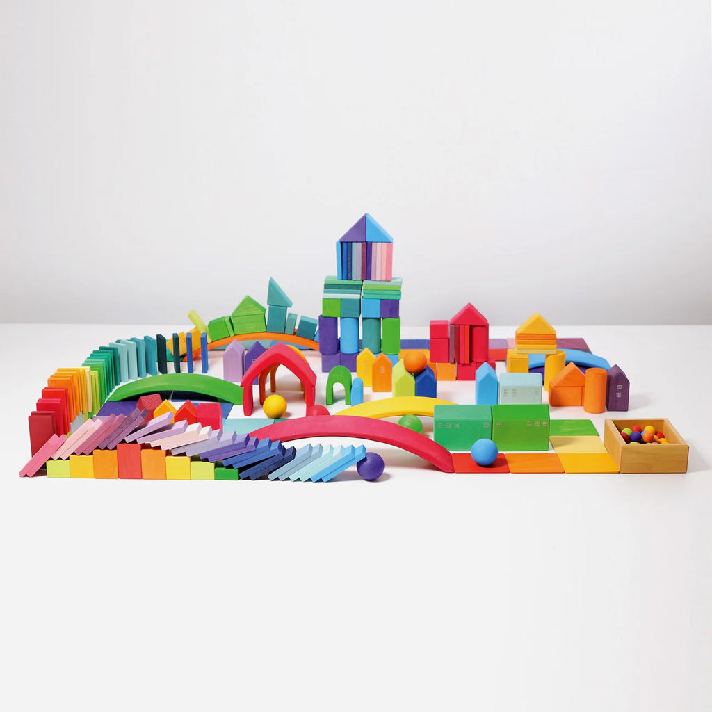 Colorful toy building blocks on a white background
