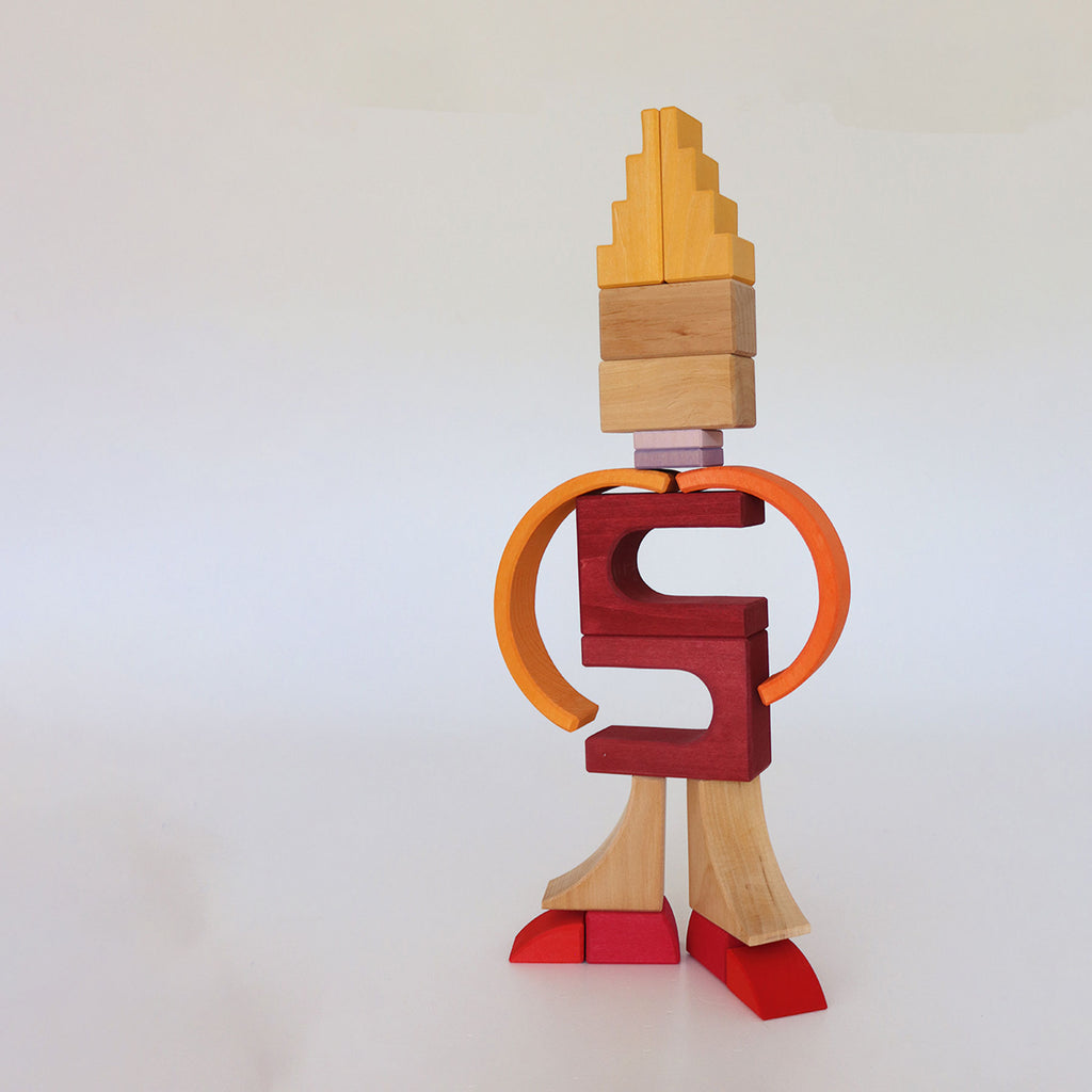 Wooden toy figure with a red torso and orange arms on a white background