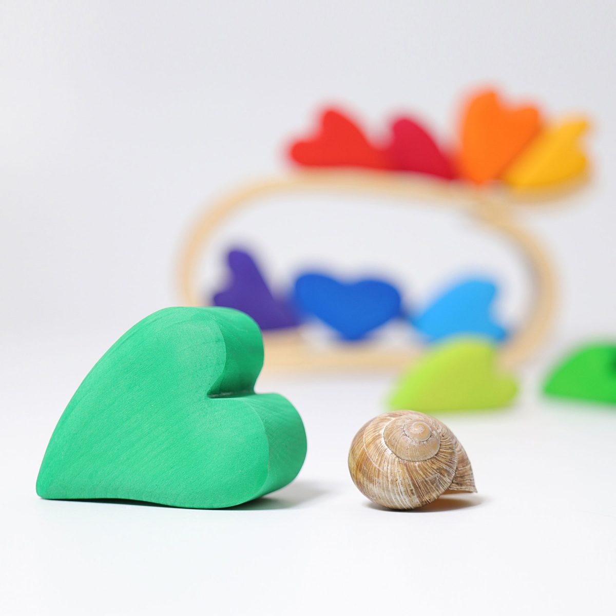 Green heart-shaped object and shell on a white surface with colorful heart shapes in the background.
