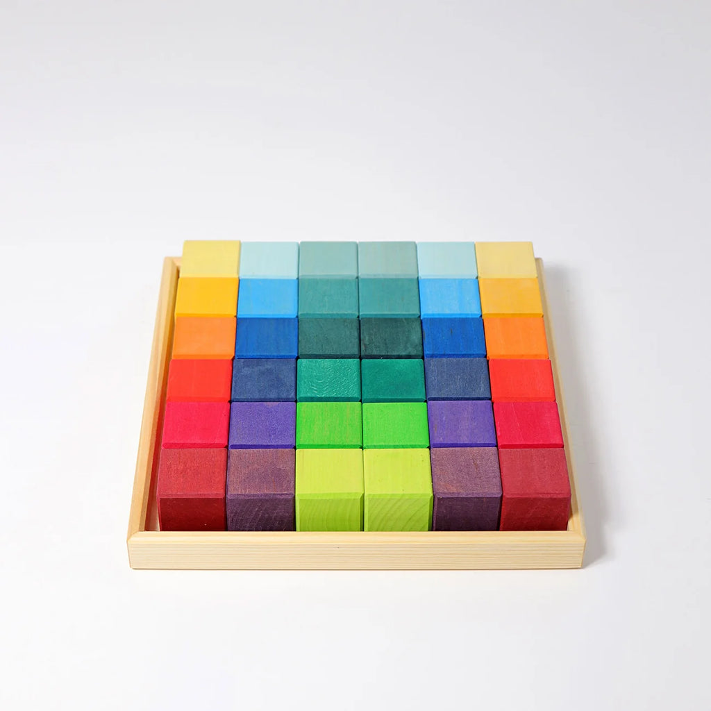 A Montessori-style wooden block puzzle set arranged in a 5x5 grid inside a light natural wood tray, featuring a full spectrum of colors on a clean white background.