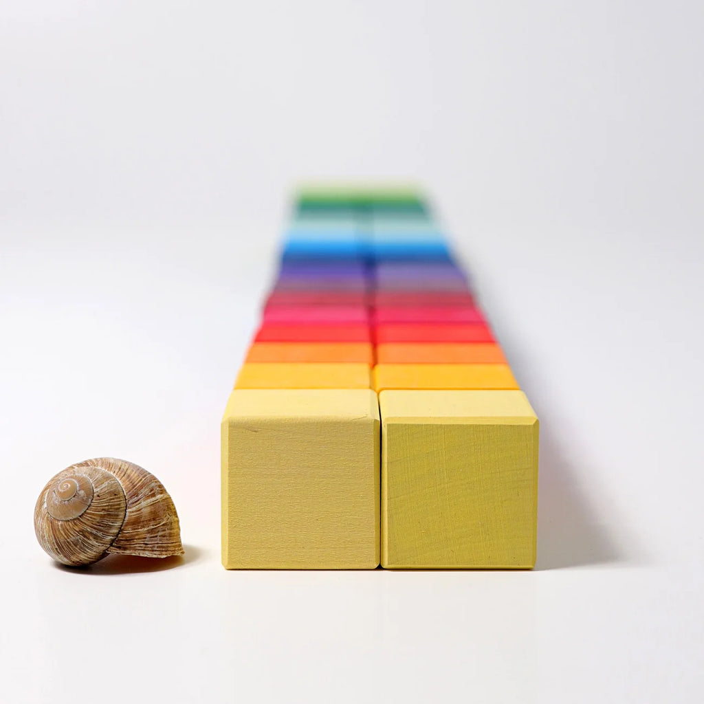 Colorful wooden blocks arranged in a pyramid shape with a small shell on a white background