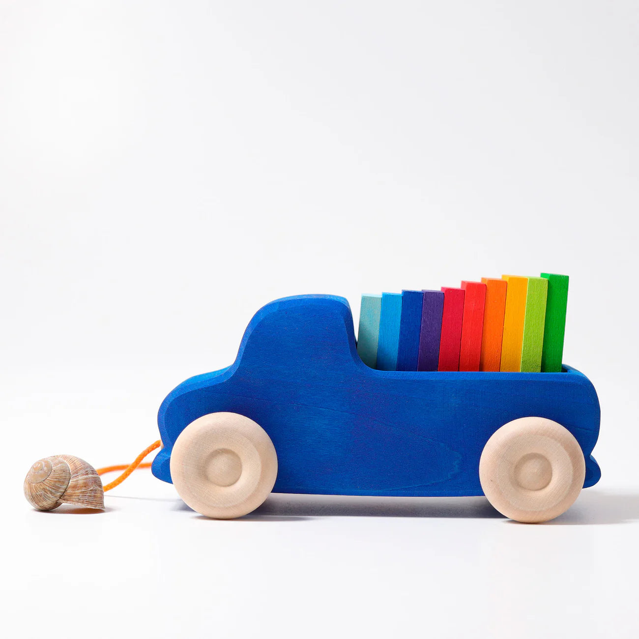 Blue toy car with rainbow-colored bars on a white background