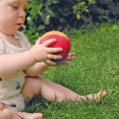 Child holding a colorful ball in a grassy outdoor setting