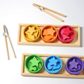 Colorful star-shaped wooden toys with wooden trays and tongs on a white background
