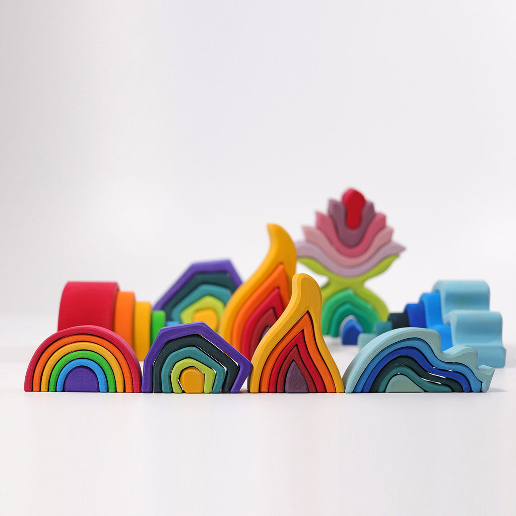 Colorful geometric rubber erasers on a white background