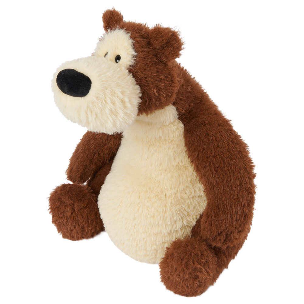 Plush toy bear with brown fur and a white belly on a white background