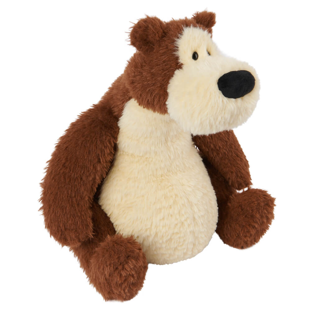 Plush toy bear with brown fur and a white belly on a white background