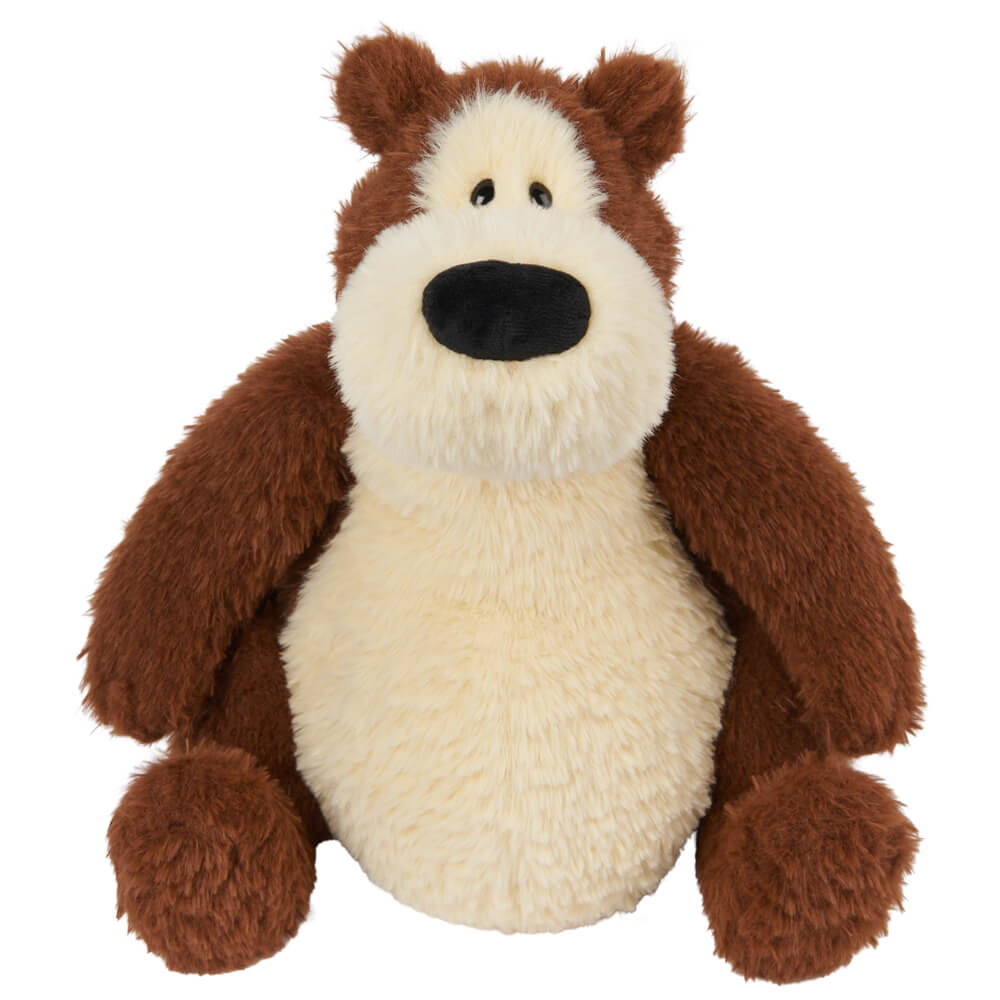 Plush toy bear with brown fur and a white belly on a white background