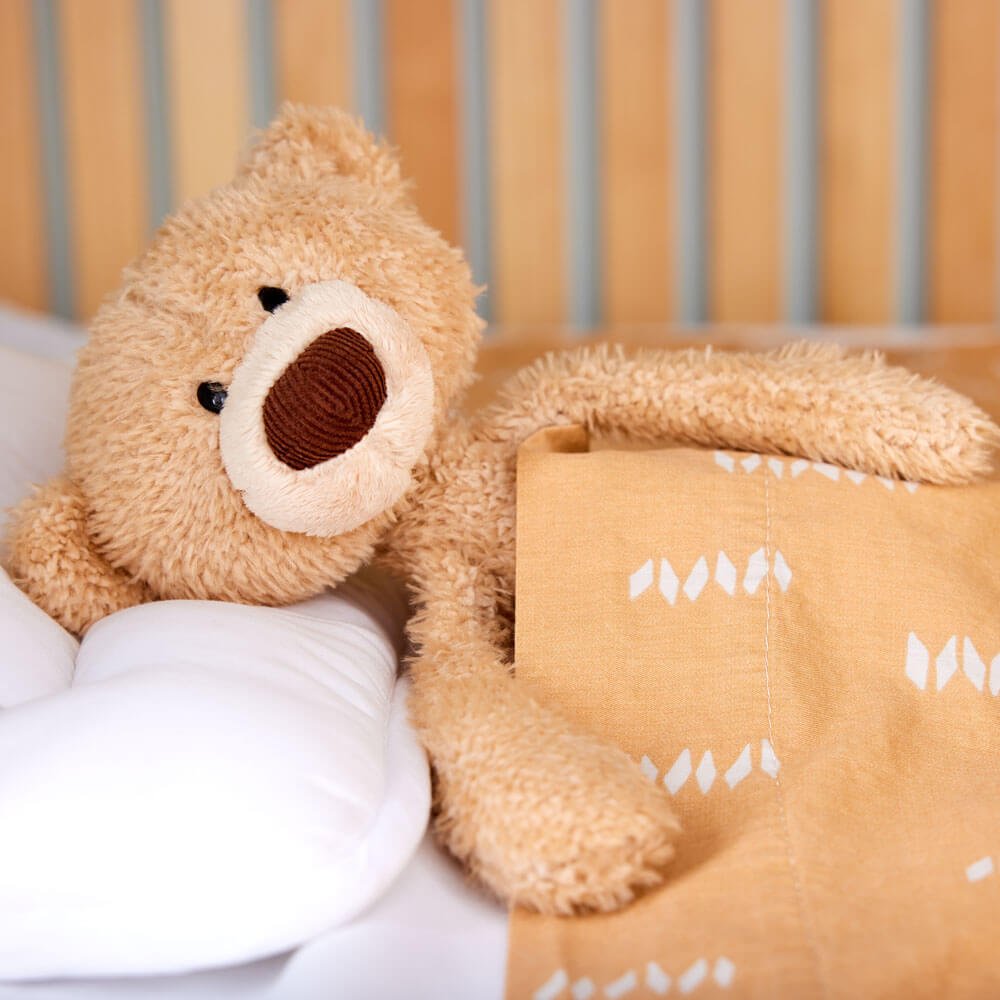 Teddy bear with a heart-shaped pillow on a white background