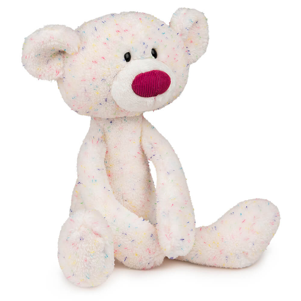 Plush toy bear with a pink nose on a white background
