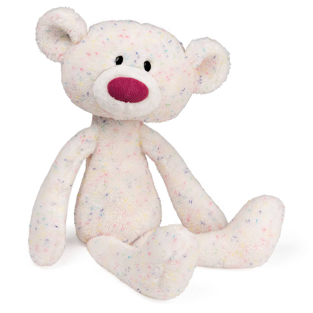 White speckled plush monkey with a pink nose on a white background
