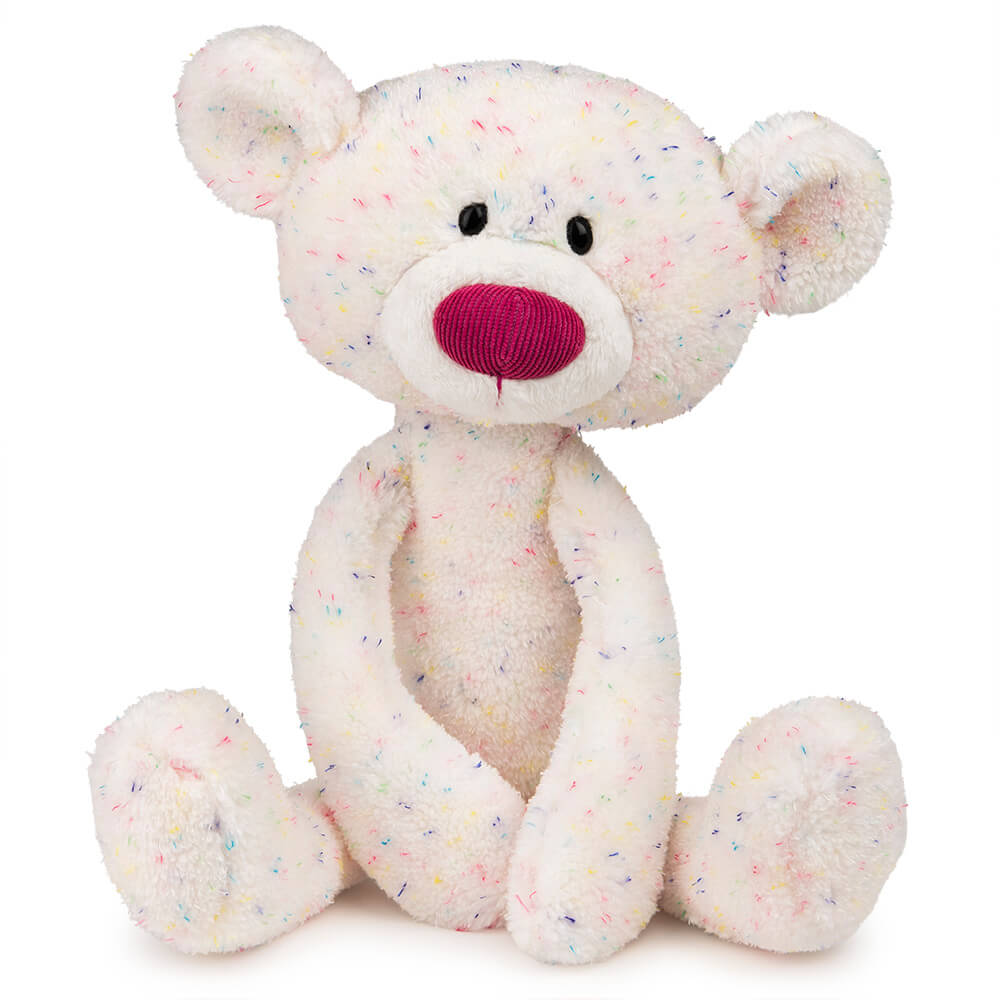 Plush toy bear with colorful speckles on a white background