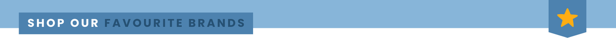 A horizontal banner with a light blue background featuring the text 'SHOP OUR FAVOURITE BRANDS' in dark blue, alongside a small shield logo with a gold star on the right.