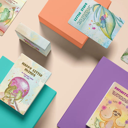 Collection of children's bcards with colorful covers on a pastel background