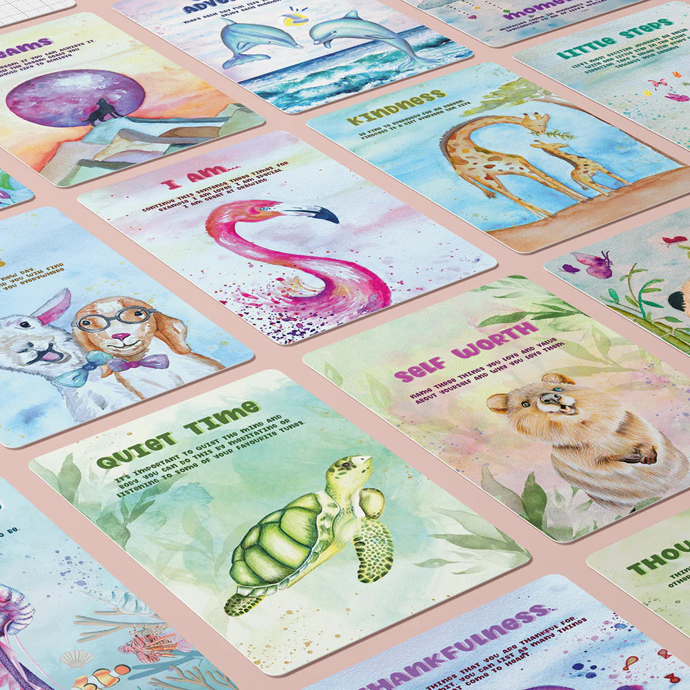 Set of educational cards with various animals and phrases on a pink background