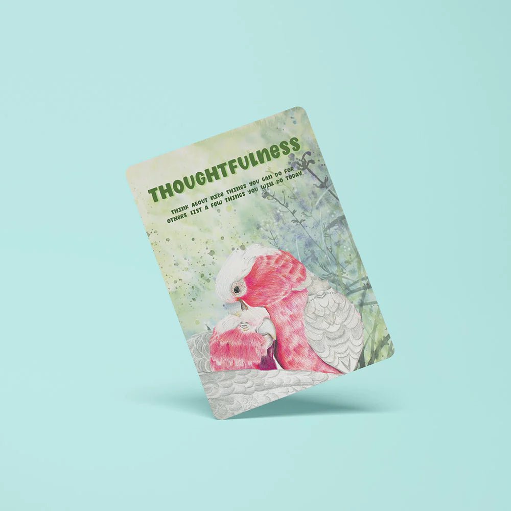Flash card with a pink and white parrot illustration on a light blue background
