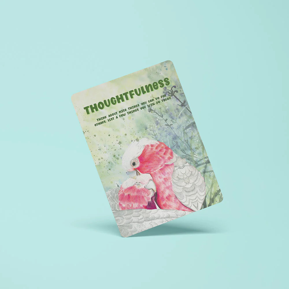 Flash card with a pink and white parrot illustration on a light blue background