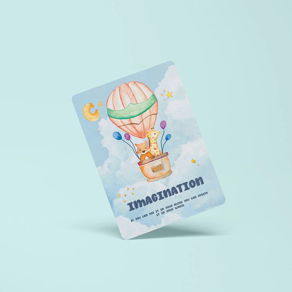 Card with a hot air balloon and teddy bear illustration on a light blue background