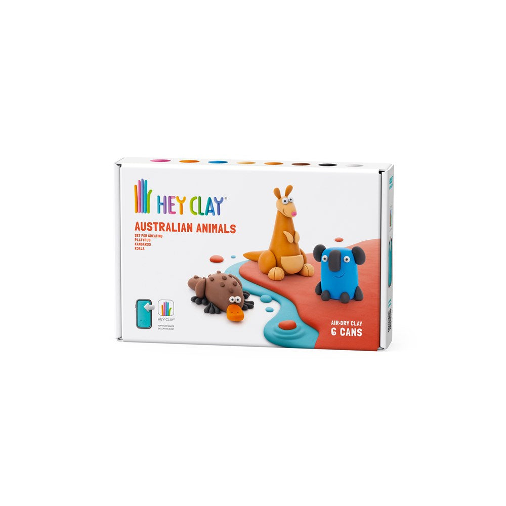 Packaging for HEY CLAY Australian Animals craft kit, featuring images of a koala, kangaroo, and platypus, indicating the characters to be sculpted with the included colorful clay.