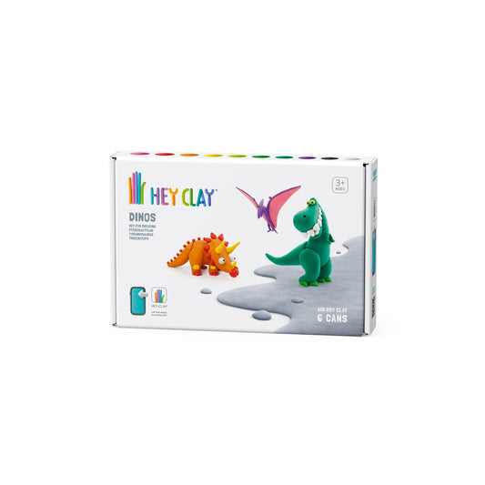 Packaging for Hey Clay Dinos craft kit, featuring images of three colorful clay dinosaurs and a mobile app icon.