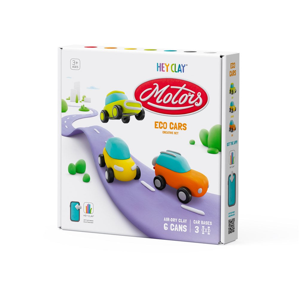 Boxed Hey Clay ECO Cars set featuring three colorful toy cars on a road, with images of the clay product and the app guide.